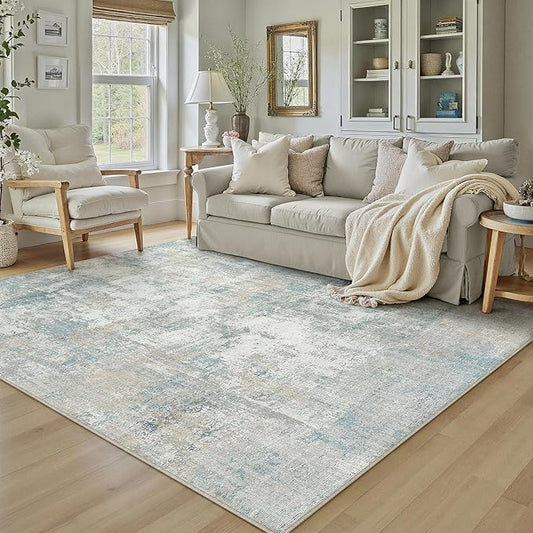 5x7 Washable Area Rug Blue Cream Abstract Living Room Bedroom Carpet Neutral Modern Non-Slip Soft Low Pile Lightweight Vacuumable Throw Rug for Dining Room Entryway
