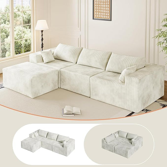 110" Cloud Couch Sectional for Living Room L-Shape Boneless Couches Modular Sectional Sofa with Deep Seat with Chaise,No Assembly Required, Carbon White(Plush Corduroy Fabric)