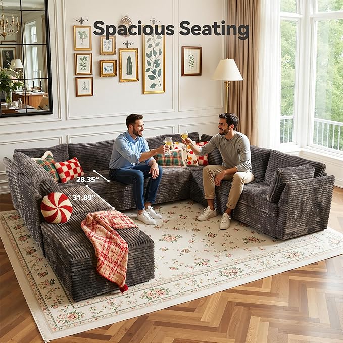 Large 8 Seat Modular Sectional Sofa with Ottoman Seat Corduroy Sleeper Sectional Sofa Bed Oversized Convertible Modular Couch for Living Room
