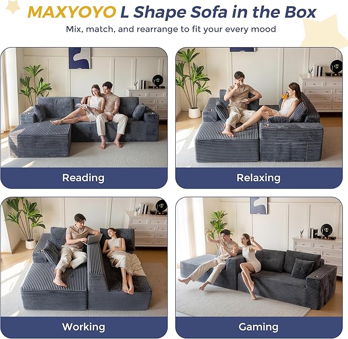 MAXYOYO 104" Modular Sectional Couch with L-Shape Chaise, Modern Boneless Couch for Living Room, Sofa in A Box, Oversized Sofa Sleeper with Deep Seat, No Assembly Required, Dark Grey