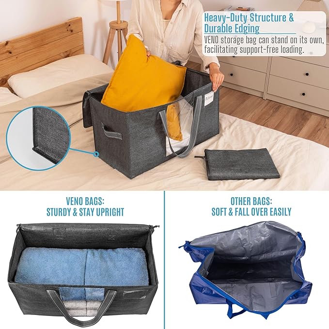 VENO 1 Pack Moving Bags, Christmas Storage Bins, Moving Boxes Alternative, Comforter and Blanket Storage Bags, College Dorm Packing Supplies, Foldable Heavy-Duty Tote with Window (Gray, 1 Pack)