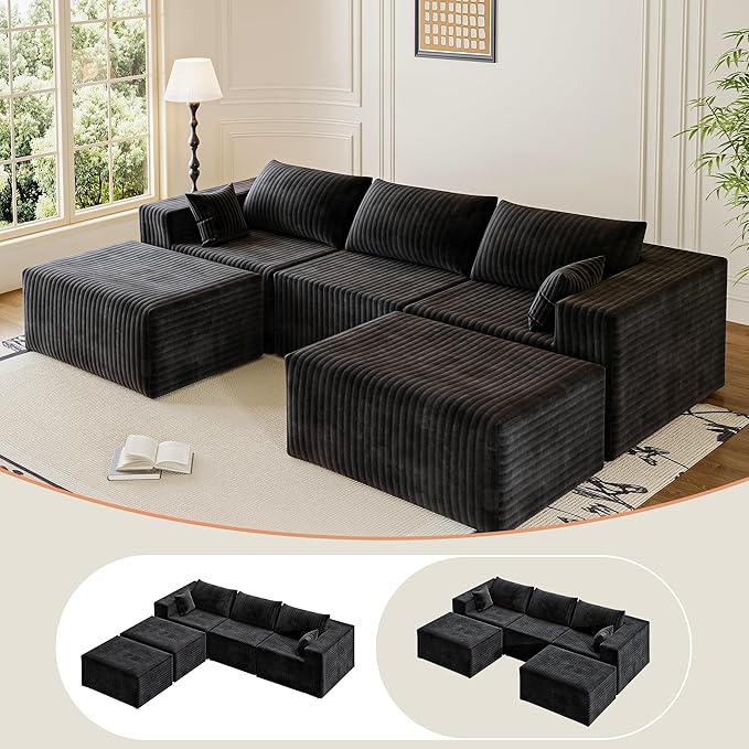 110" Cloud Couch Sectional for Living Room U-Shape Boneless Couches Modular Sectional Sofa with Deep Seat with Chaise,No Assembly Required, Carbon Black(Plush Corduroy Fabric)