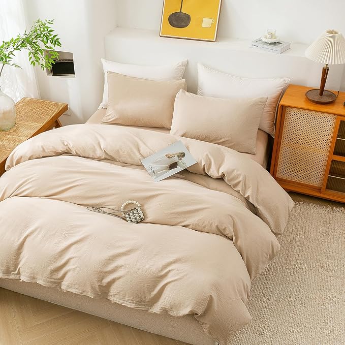 ECOCOTT 100% Washed Cotton Duvet Cover Full Size – Soft & Breathable Linen Feel Bedding Set, 3 Pieces Khaki Comforter Cover with Zipper Closure for All Seasons