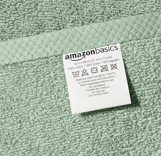 Amazon basics Lightweight quick-dry hand towels - 100% cotton, 8-pack, 28 x 16 inches, seafoam green