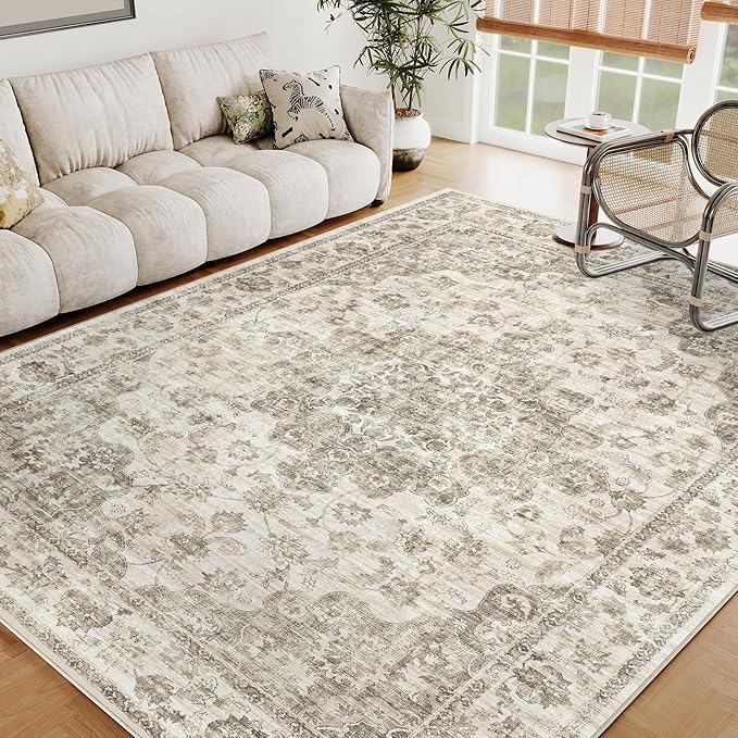 8x10 Washable Neutral Area Rug Taupe Vintage Living Room Bedroom Carpet Non-Slip Soft Low Pile Floral Large Throw Rug for Dining Room Entryway Office