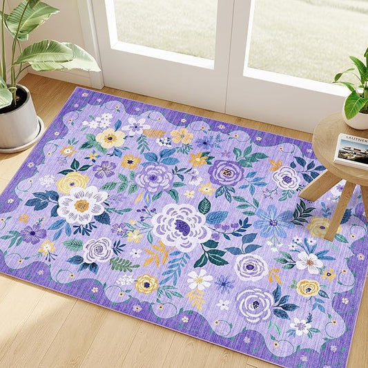 DUKINO 2x3 Rugs for Entryway, Floral Indoor Washable Door Mat, Non Slip Boho Small Rug for Kitchen, Soft Low Pile Front Door Throw Rug for Entrance, Bedroom, Kitchen, Laundry, Bathroom, Purple