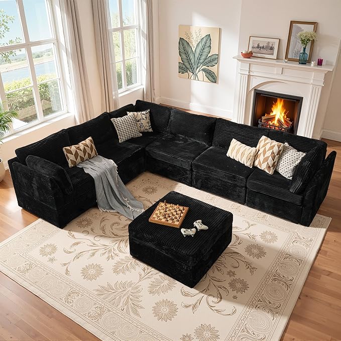 Large 7 Seat Modular Sectional Sofa with Ottoman Seat Corduroy Sleeper Sectional Sofa Bed Oversized Convertible Modular Couch for Living Room