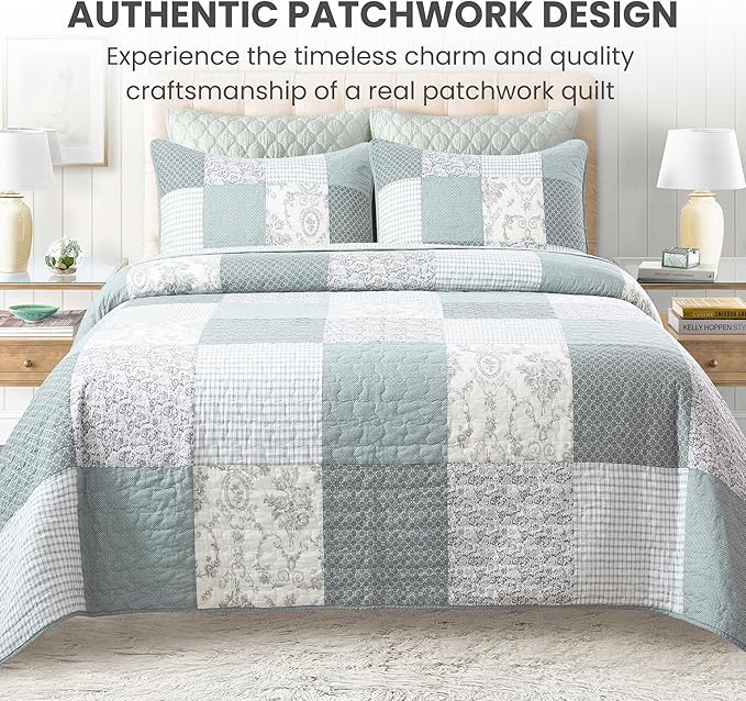 Soul & Lane Memory Lane 3-Piece Cotton Quilt Set - King Size with 2 Shams, Sage Green Patchwork Quilted Comforter, Lightweight Country Pieced Bedspread, Neutral Modern Farmhouse Bedding