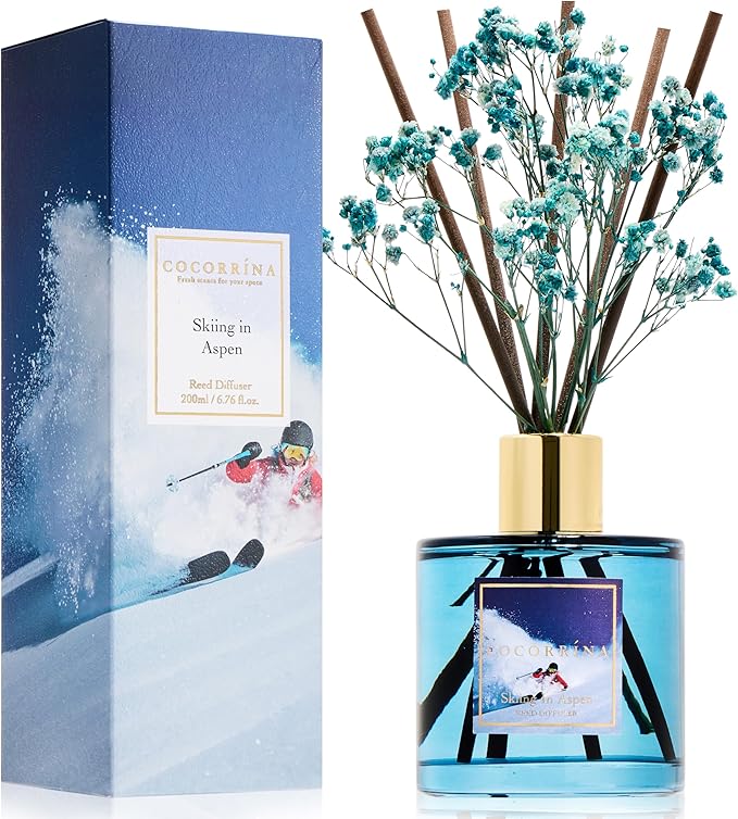 COCORRÍNA Reed Diffuser - Skiing in Aspen Reed Diffuser Set with 8 Sticks & Preserved Baby's Breath, Reed Diffuser for Home Bathroom Shelf Decor