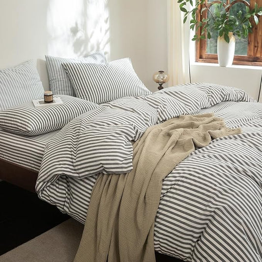 FOSSA Striped Duvet Cover Set 100% Washed Cotton Linen Feel Super Soft Breathable Cozy 3 Pieces Bedding Sets Dark Grey Classic Stripes Queen