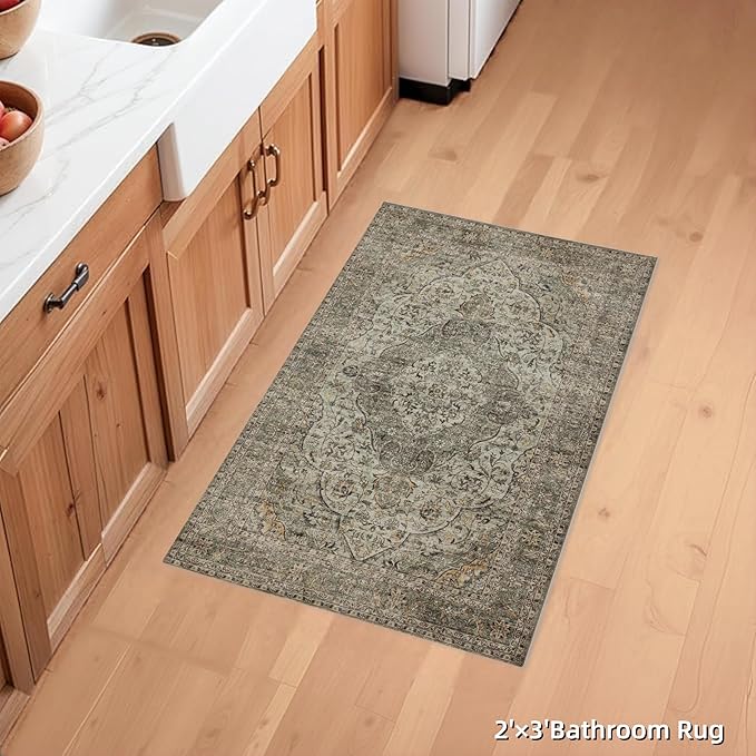 RCTJHOME 2'x3' Washable Entryway Rugs, Indoor Door Mat with 4 Non-Slip Tapes, Kitchen Bathroom Front Door Mat Indoor Entrance, Small Rugs and Mats, Distress Floral Forest Green