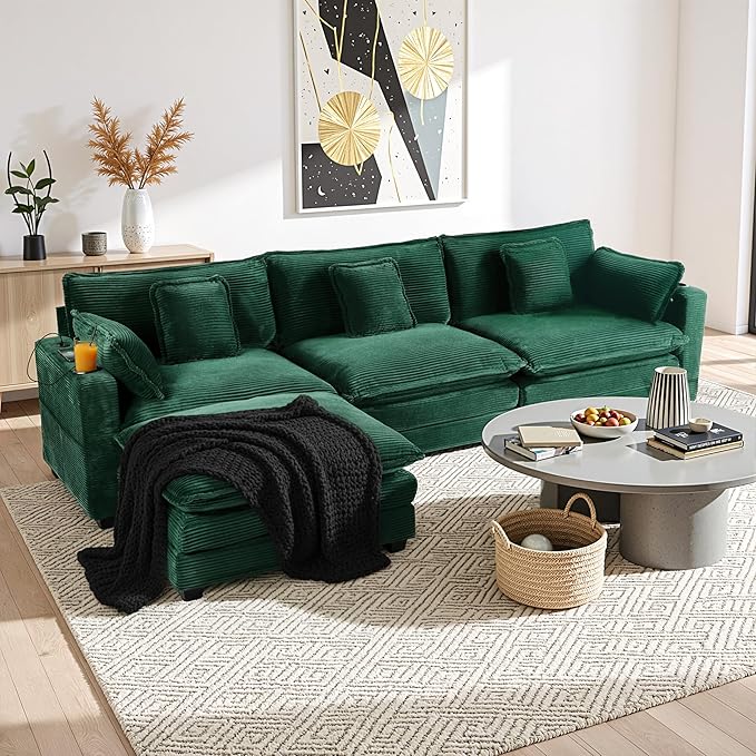 Gexpusm Modular Sectional Sofa,99" Couches for Living Room,Corduroy Sofa with Ottoman & Pillow,Cloud Sectional Couch with Cup Holders & USB,Side Pockets,3-Seat Corduroy Boneless Chair Indoor (Green)
