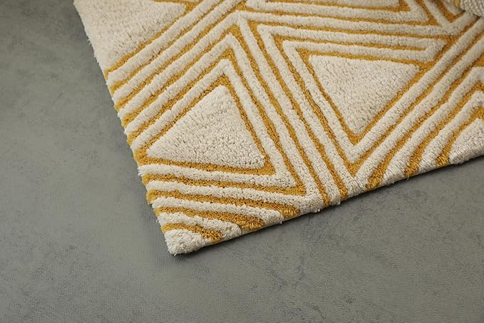 Organic Cotton Bathroom Rug, Luxury Non Slip Ultra Soft & Water Absorbent | Triangles Design Premium Bath Rug | Perfect for Tub & Shower, Toilet Floor Door Bath Mat (32"x20" Ivory & Yellow Ochre)