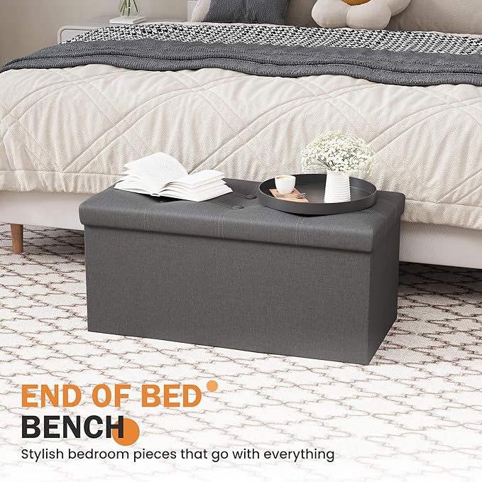 Youdesure Folding Storage Ottoman Bench, Footrest Couch for Living Room, 30 inch Storage Bench with Padded Seat for Bedroom Hallway, Holds up to 350lbs, Linen Fabric Grey