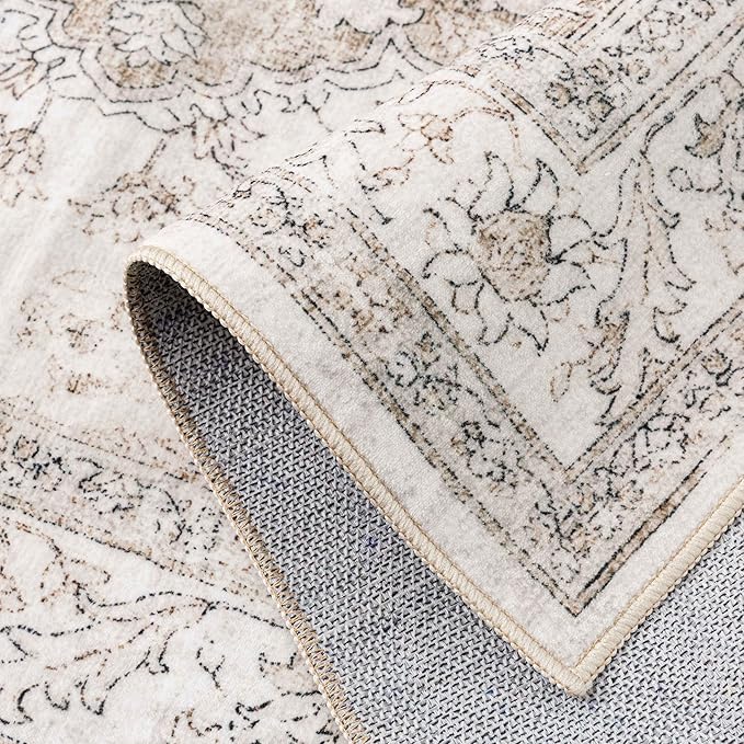 Beige Runner Rug 2x7 Washable Vintage Carpet Hallway Kitchen Soft Retro Low Pile Thin Indoor Bedroom Non Slip Oriental Medallion Long Throw Rug for Bathroom Laundry Dining Room