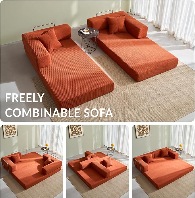 YINIX Foldable Sofa Bed, 78'' Folding Floor Couch, Compressed Convertable Sleeper Sofa, Memory Foam Couch with Pillow Back Support Armrest, 4-in-1 Futon Sofa Bed for Living Room, Orange