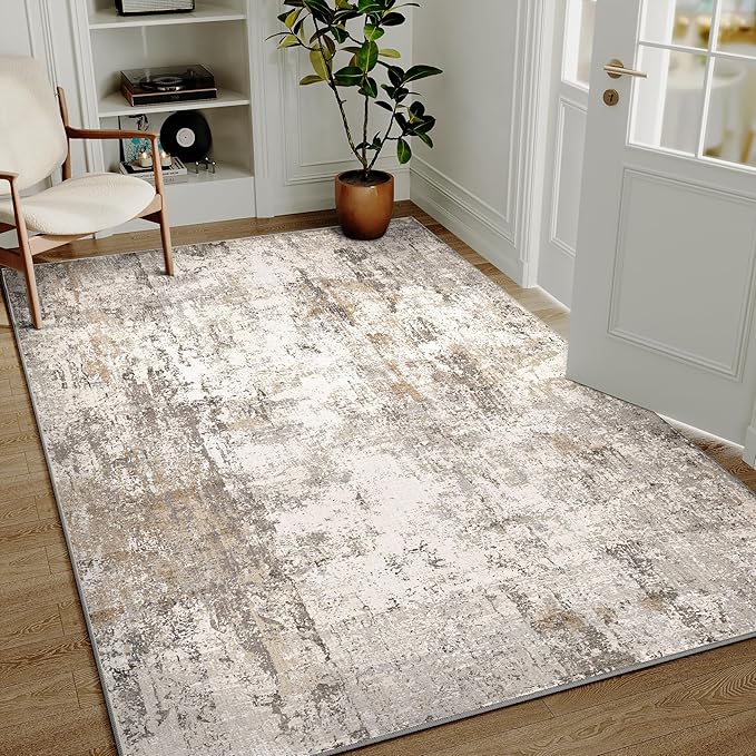 4x6 Washable Area Rug Brown Grey Abstract Entryway Office Throw Rug Neutral Modern Non Slip Soft Low Pile Indoor Carpet for Living Room Bedroom Kitchen Entrance