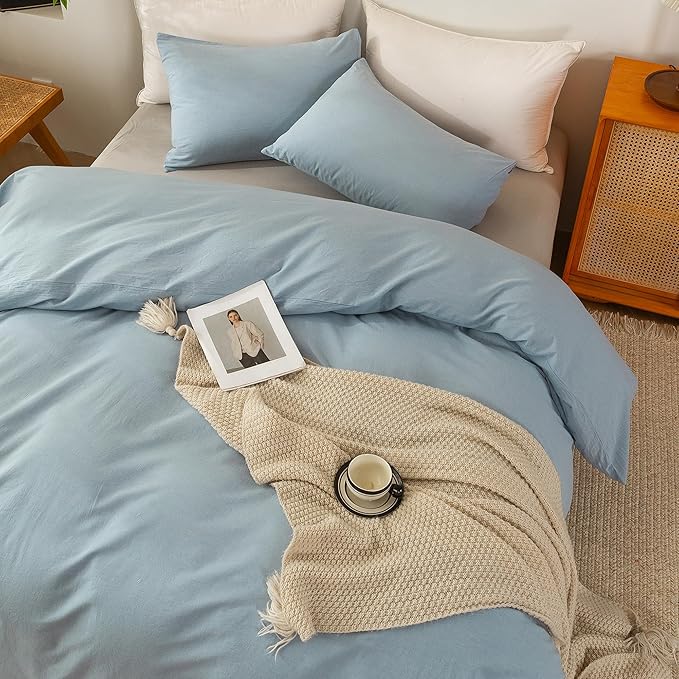 ECOCOTT Light Blue Duvet Cover Oversized King Size - 100% Washed Cotton Durable Soft Comfy Duvet Cover Set, 3 Pieces Duvet Cover with Zipper Closure (120"x 98")