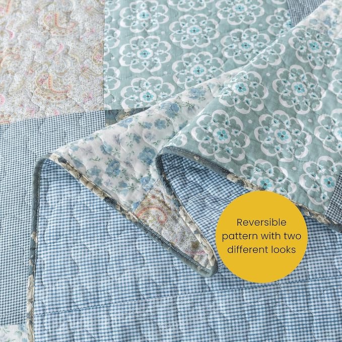 SLPR Wildflowers Cotton Quilt Set - Twin Size with 1 Sham, Blue Gray Floral Pieced Patchwork Design, Country Quilted Bedspread with Flower Pattern, Cottage Style Bedding for All Seasons