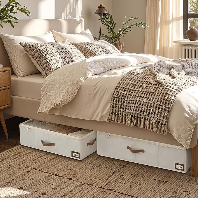 StorageWorks Under Bed Storage with Wheels, 10'' Underbed Storage Containers with Lid, 90L Clothes Organizer for Blankets, Sweaters, Bedding, 2-Pack, Beige