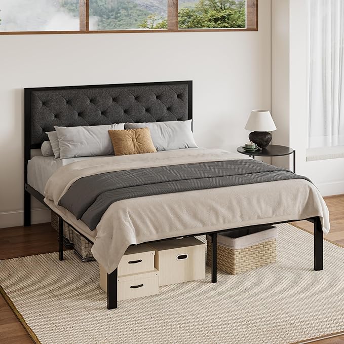 SHA CERLIN Queen Size Metal Platform Bed Frame,Linen Upholstered Button Tufted Headboard, Mattress Foundation with 12.4” Under-Bed Storage, Noise-Free, Easy Assembly, No Box Spring Needed, Dark Grey