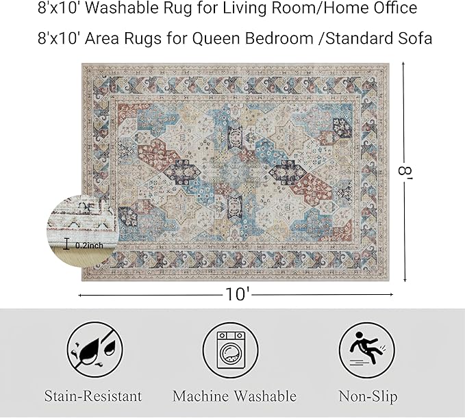 RCTJHOME 8'x10' Washable Area Rugs for Standard Sofa Living Room/Queen Bedroom, Ultra Soft Non-Slip Accent Large Carpet, Dining Room, Home Office, Low Pile Vintage Rug Cream Beige Blue Colorful