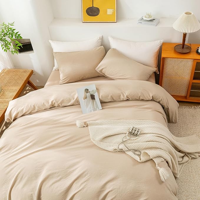 ECOCOTT Duvet Cover King Size, 100% Washed Cotton 1 Duvet Cover with Zipper and 2 Pillowcases, Ultra Soft and Easy Care Breathable Cozy Simple Style Bedding Set(Khaki, King)