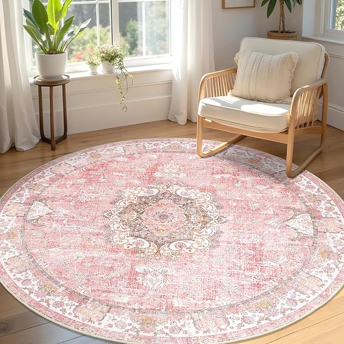 Pink Round Rug 5ft, Circle Boho Area Rugs for Bedroom Living Room Bedside,Washable Vintage Bohemian Distressed Oriental Floral Carpet Non Slip,Blush Floral Flowers