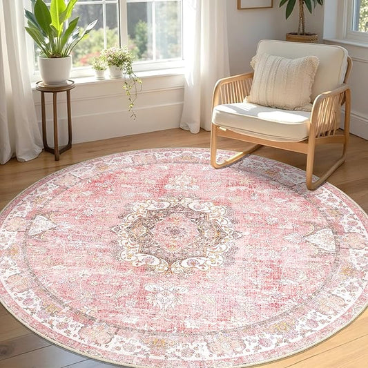 Pink Round Rug 5ft, Circle Boho Area Rugs for Bedroom Living Room Bedside,Washable Vintage Bohemian Distressed Oriental Floral Carpet Non Slip,Blush Floral Flowers
