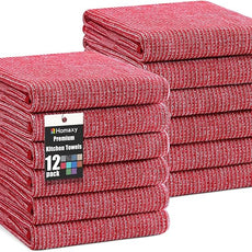Homaxy Premium Kitchen Towels(18”x 28”, 12 Pack), Large Cotton Kitchen Hand Towels, Flat and Terry Dish Towels, 380 GSM Highly Absorbent Tea Towel Set with Hanging Loop, Red
