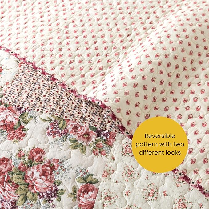 SLPR Country Roses Patchwork Cotton Pieced Quilt Set - Queen Size with 2 Shams, French Country Style Floral Bedding, Red Rose Farmhouse Quilted Bedspread with Flower Pattern