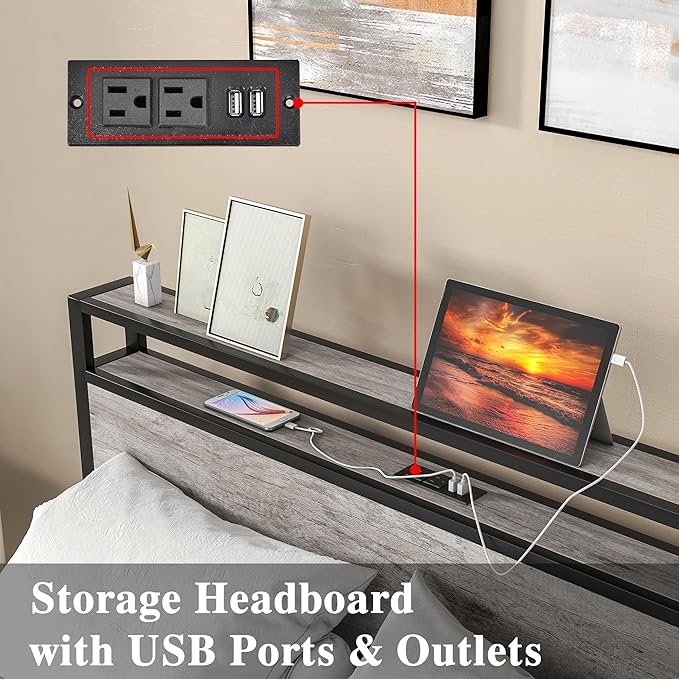 HOJINLINERO Full Size Bed Frame with Storage Headboard/USB Charging Station,Metal Platform Bed Frame Full Size No Box Spring Needed,Noise-Free,Strong Steel Slats Support,Warm Grey