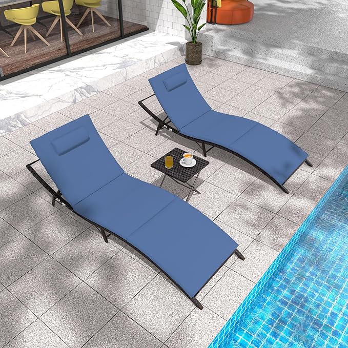 Patio Chaise Lounge Set 3 Pieces Pool Lounge Chairs,Cushioned Outdoor Folding Lounge Chair w/Rattan Adjustable Backrest for Poolside Porch,Folding Table Included,NavyBlue