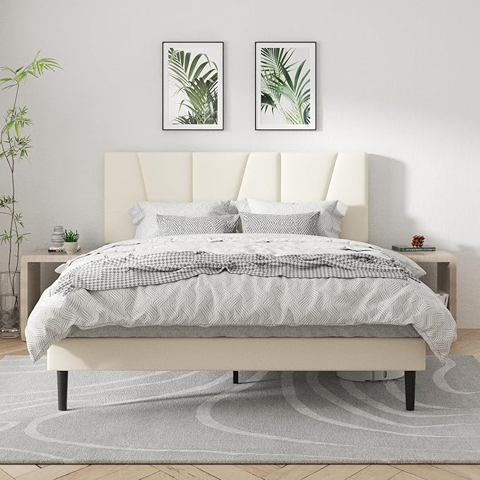 Full Size Platform Bed Frame with Geometric Upholstered Headboard, Noise Free, Wooden Slats Support, No Box Spring Needed, Easy Assembly, Beige, Velvet