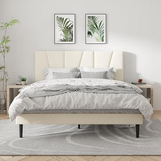 Full Size Platform Bed Frame with Geometric Upholstered Headboard, Noise Free, Wooden Slats Support, No Box Spring Needed, Easy Assembly, Beige, Velvet