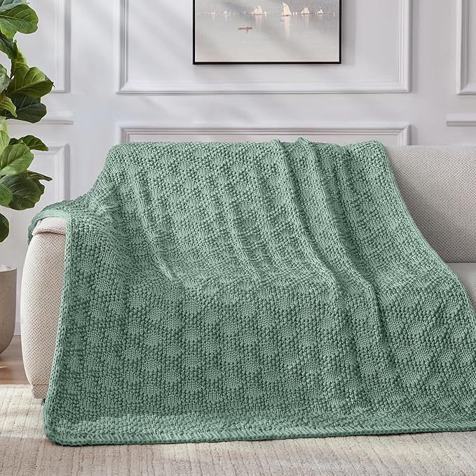 Knitted Weighted Blanket for Adult, Chunky Knit Weighted Throw for Sleep 60"*80" 10lbs, Cooling Breathable Machine Washable Heavy Blanket for Room Decor (HazeGreen, Queen)