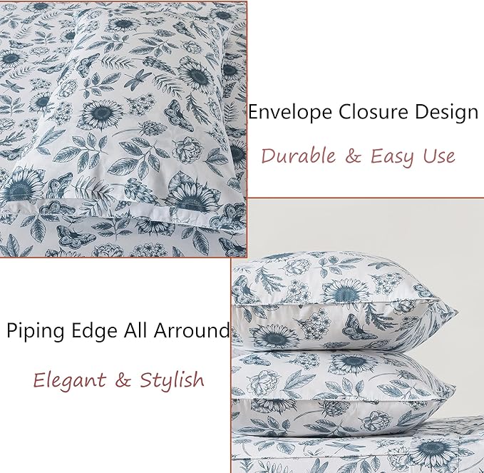FADFAY Butterfly Sheets Set Queen Blue and White Sunflower Bedding Vintage Botanical Rose Floral Sheets Shabby Rustic Leaves Bedding 100% Percale Cotton Breathable Soft Deep Pocket 4Pcs, Queen Size