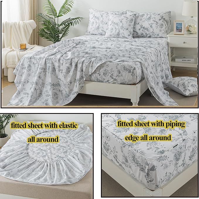 FADFAY Gray and White Sheets Set Full - Shabby Vintage Peacock Floral Bedding, Rustic Farmhouse Style, 100% Cotton Breathable With Deep Pocket Fitted Sheet, 4Pcs, Full Size