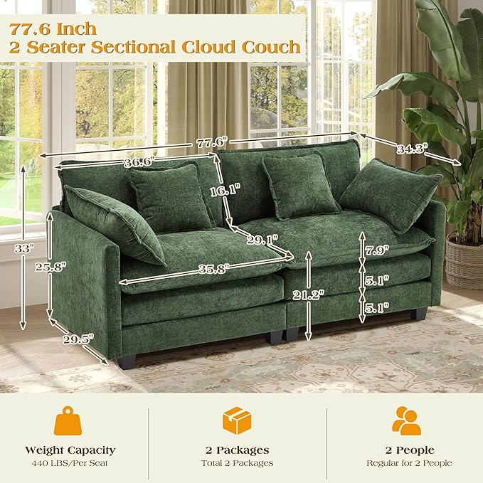 77.6" Modular Sectional Sofa,Loveseat Couch for Living Room, Modern Deep Seat Sofa 2 Seater Chenille Fabric Comfy Cloud Couches with Throw Pillows for Apartment,Small Spaces