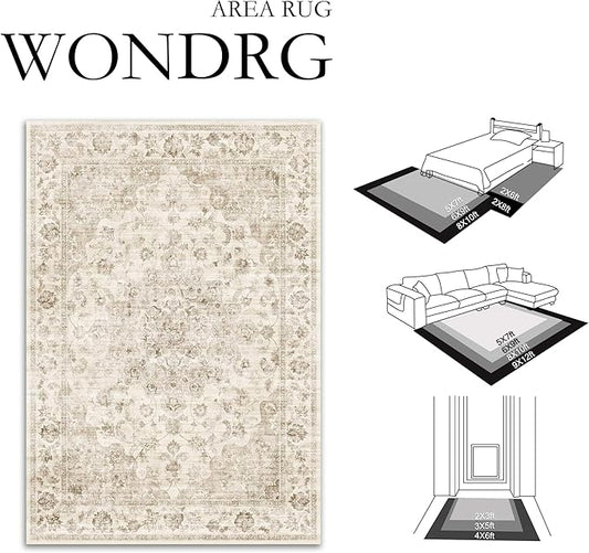 3x5 Washable Neutral Area Rug Beige Vintage Entryway Office Carpet Non-Slip Soft Low Pile Floral Throw Rug for Entrance Living Room Bathroom Dining Room