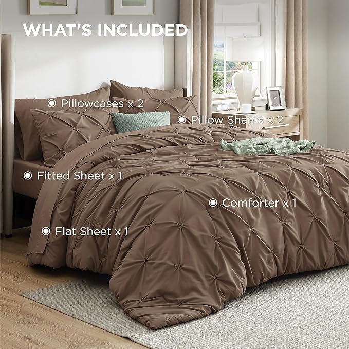 Bedsure California King Comforter Set Brown - Bed in a Bag Cal King Bedding Set 7 Pieces, GentleSoft™ Pintuck Bed Set Gift for Family, Pinch Pleat Brown Comforter with Sheets, Pillowcases & Shams