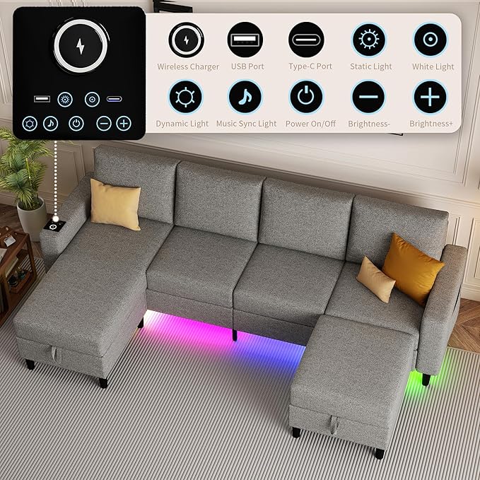 Sectional Couches for Living Room, 4 Seat Sectional Sofa with Smart Module-Wireless Charging/USB/Type-C/RGB Light, U Shaped Couch with Reversible Chaise Lounge/Storage Ottoman (Light Grey)