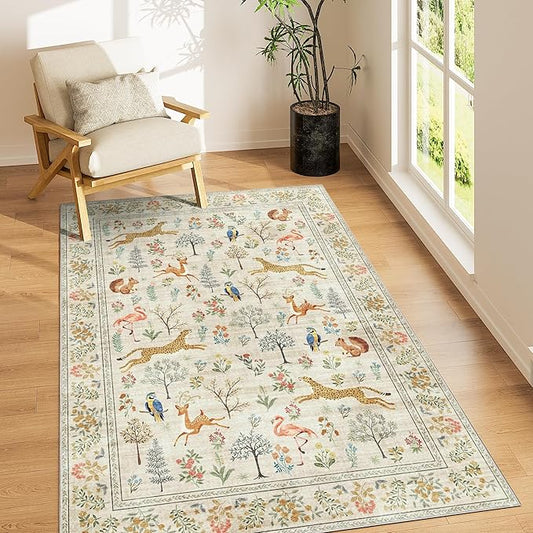DUKINO 3x5 Rug, Washable Animal Area Rug with Non Slip Vintage Design, Indoor Soft Low Pile Carpet for Bedroom, Nursery, Dining Room, Farmhouse, Playroom, White
