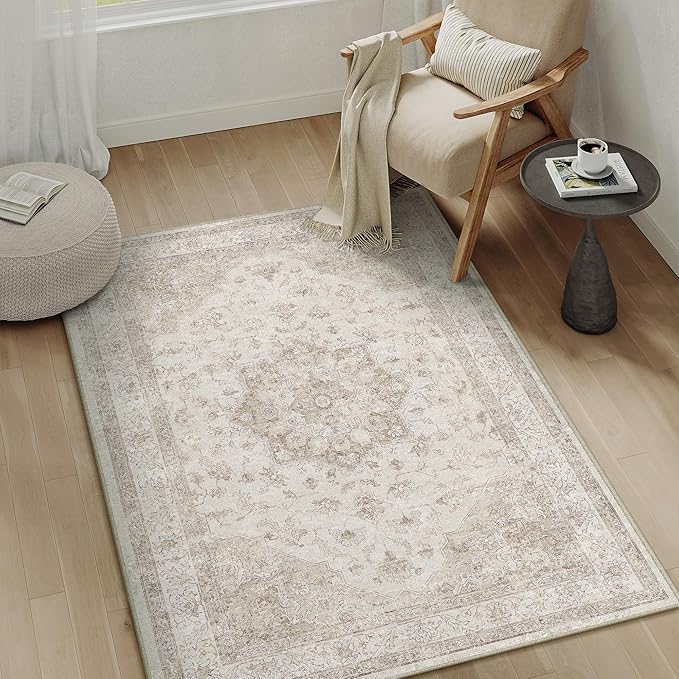 Beige Area Rug 3x4 Washable Vintage Carpet Entryway Office Soft Retro Kitchen Low Pile Thin Door Mat Non Slip Oriental Medallion Throw Small Rug for Bathroom Bedroom Dining Living Room
