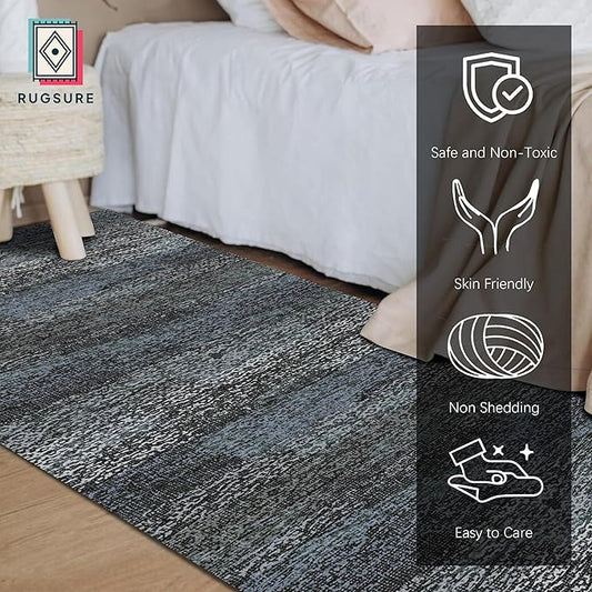 RUGSURE Washable Area Rug - 1/6 Thick - Stain & Water Resistant Non-Slip - Resistant Rug for Living Room, Bedroom, Nursery, Pet & Child Friendly, Vintage Charm Area Rugs (Darkgrey+Bule, 2'6'' x 8')