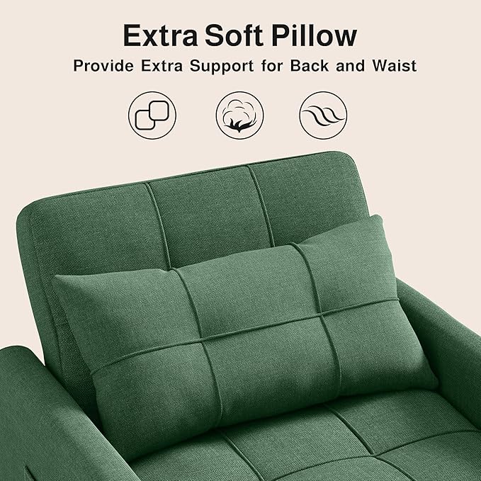 Ahomly Convertible Sleeper Chair Sofa Bed with 3-in-1 Design, Adjustable Backrest, and Storage Pocket for Living Room, Green