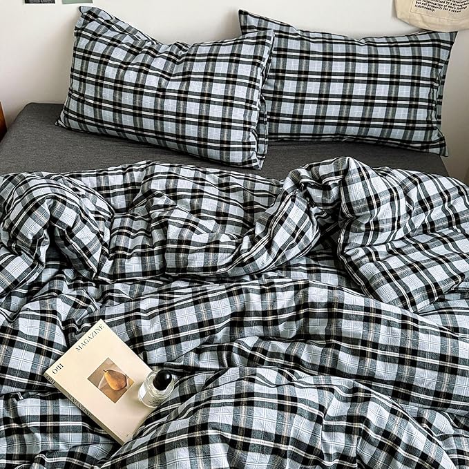 VM VOUGEMARKET Buffalo Gingham Duvet Cover Set Queen,3 Pieces Washed Cotton Bedding Set,Breathable Luxury Plaid Comforter Cover with Zipper Closure for Boys Men(Black&Grey)