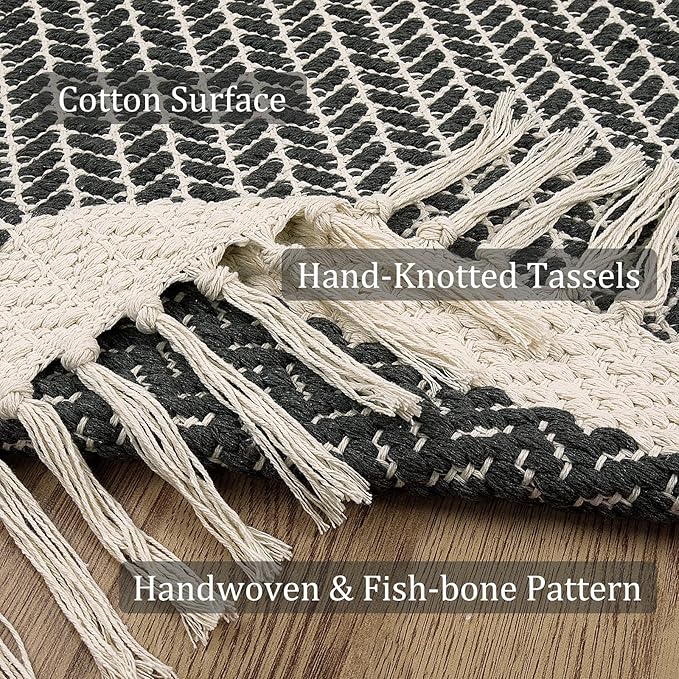 Lahome Boho Hallway Runner Rug, 2x7 Kitchen Runners Rug Washable Bath Rugs for Bathroom Woven Cotton with Tassels, Farmhouse Carpet Non Shedding Grey Rugs for Bedroom Laundry