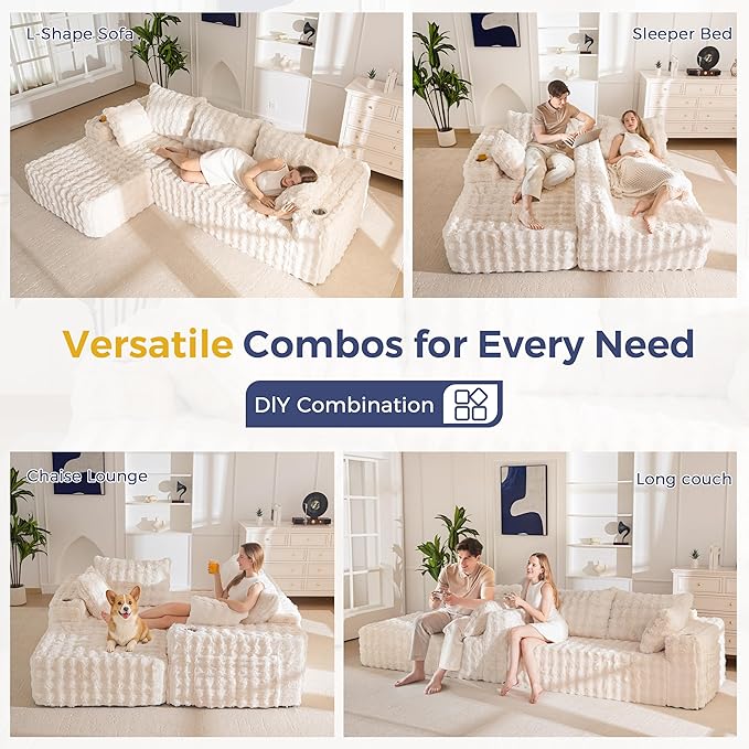 MAXYOYO 104" Modular Sectional Couch with L-Shape Chaise, Modern Boneless Couch for Living Room, Sofa in A Box, Faux Fur Sofa Sleeper with Deep Seat, No Assembly Required, Beige
