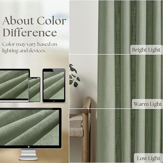 Sage Green Linen Curtains 102 Inches Long 2 Panels for Living Room Modern Thick Linen Flax Pinch Pleated Memory Trained Light Filtering Ceiling Semi Sheer 102 Inch Curtain with Hook Rings Back Tab